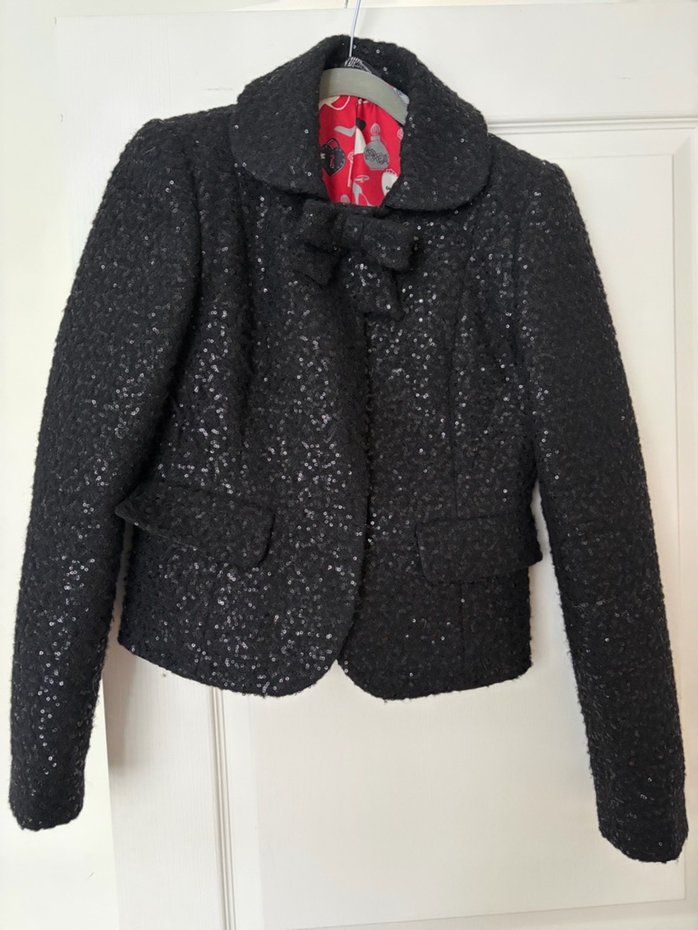 Black Sequin Bouclé Bow-Front Jacket